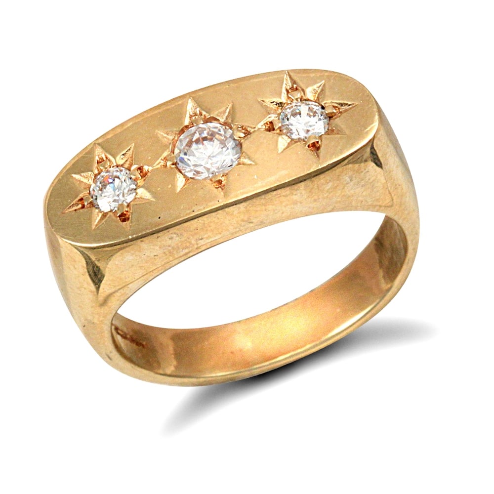 Men's Solid 9ct Yellow Gold White Round Brilliant Cubic Zirconia Star Set 3 Stone Trilogy Gypsy Ring