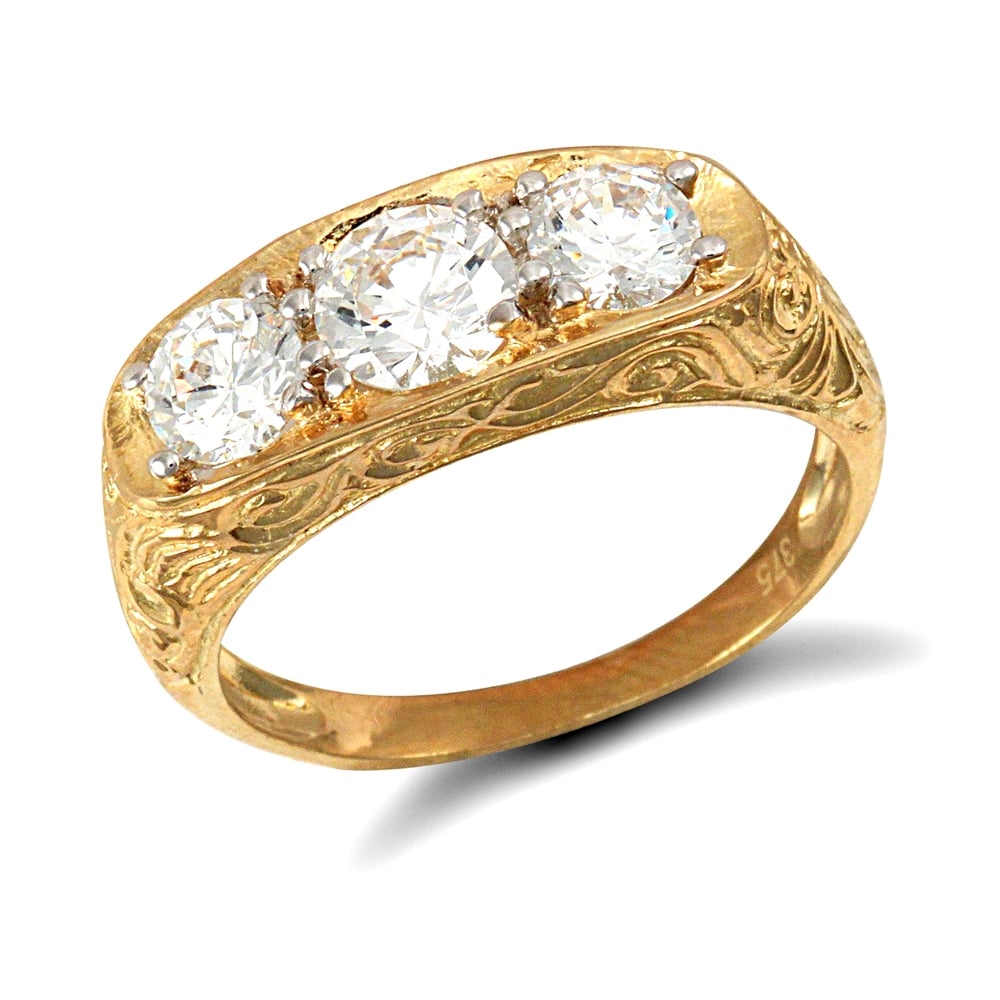 Men's Solid 9ct Yellow and White Gold White Round Brilliant Cubic Zirconia 3 Stone Trilogy Carved Gypsy Ring