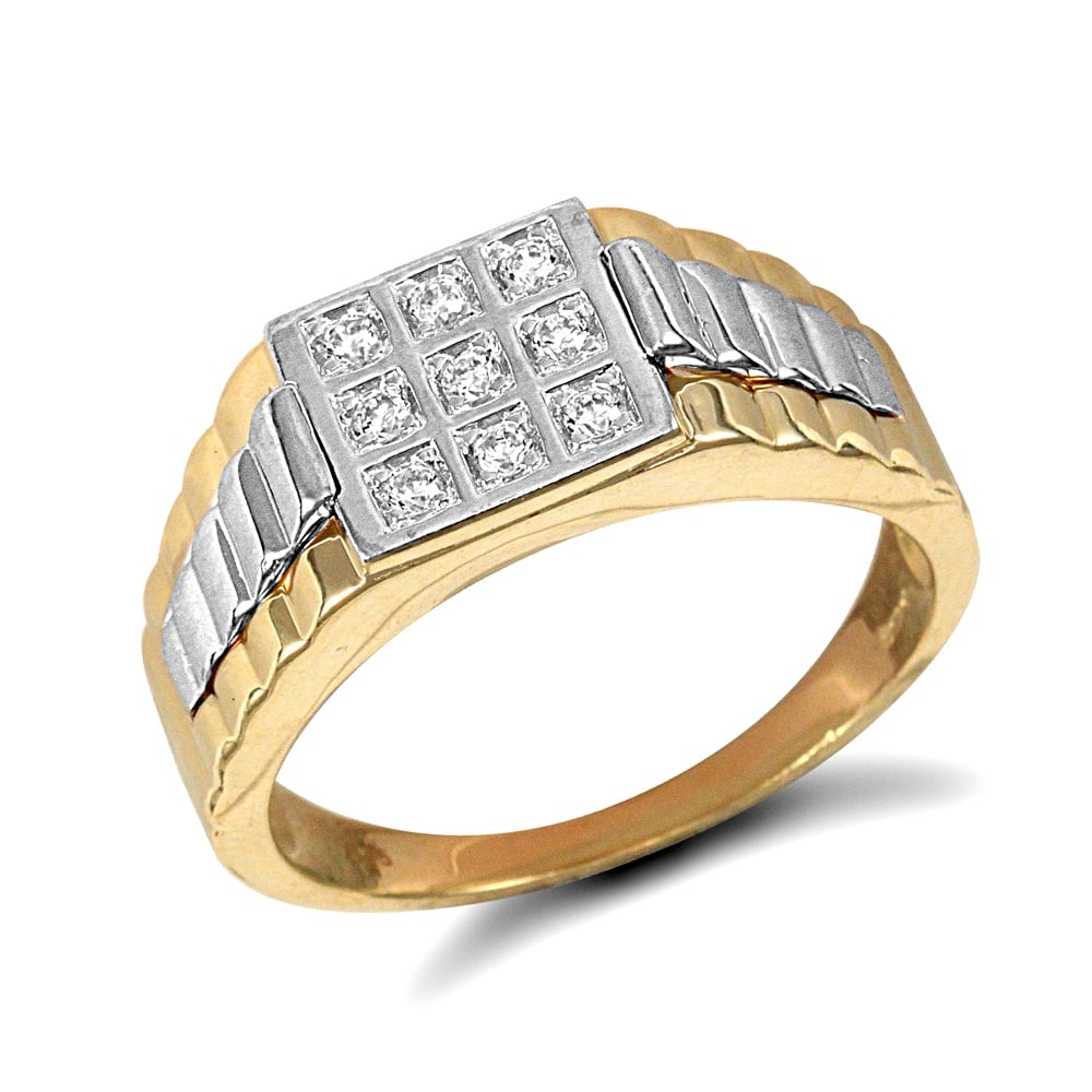 Men's Solid 9ct Yellow and White Gold White Round Brilliant Cubic Zirconia 9 Stone Square Cluster Signet Ring