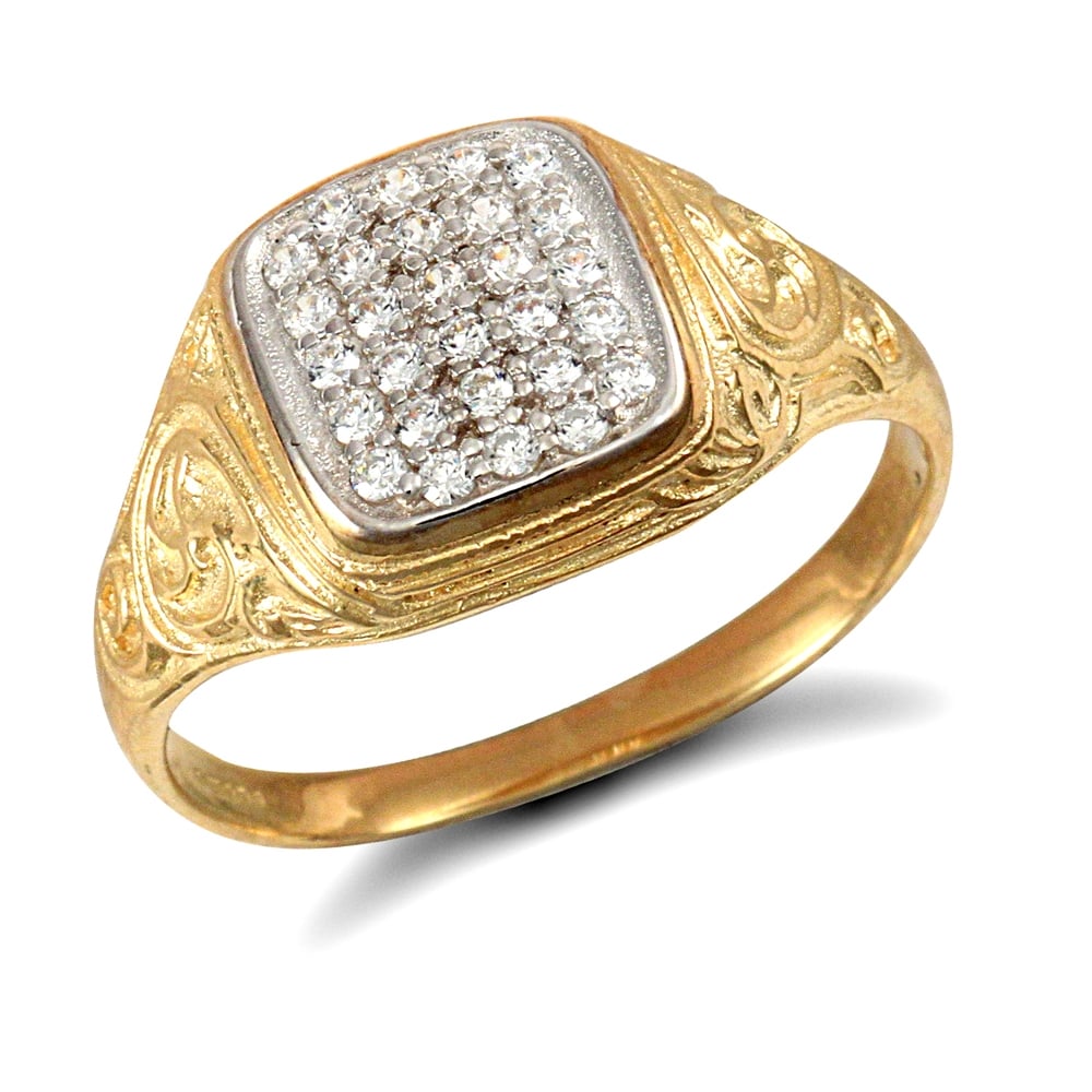 Men's Solid 9ct Yellow and White Gold White Round Brilliant Cubic Zirconia Pave Cushion Cluster Carved Signet Ring