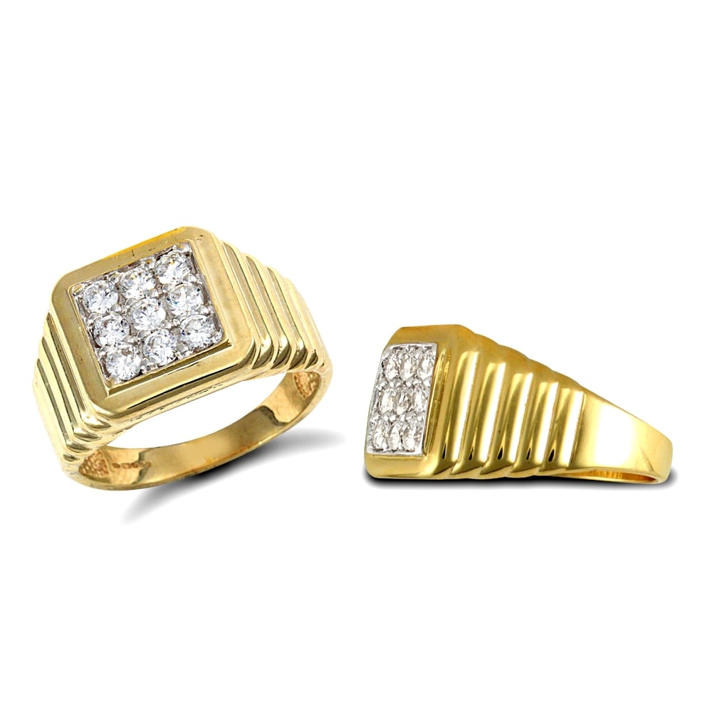 Men's Solid 9ct Yellow Gold White Round Brilliant Cubic Zirconia 9 Stone Square Cluster Ribbed Signet Ring