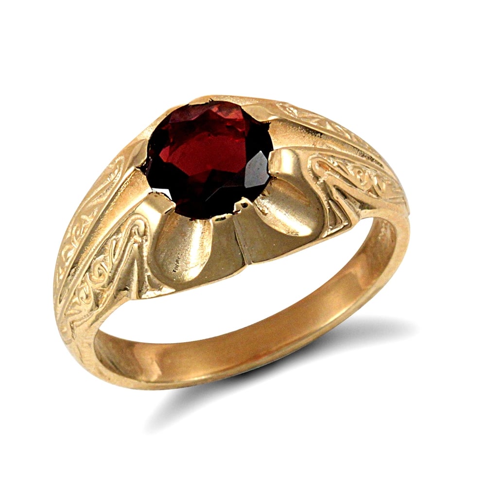 Men's Solid 9ct Yellow Gold Round Brilliant Garnet Solitaire Carved Gypsy Ring