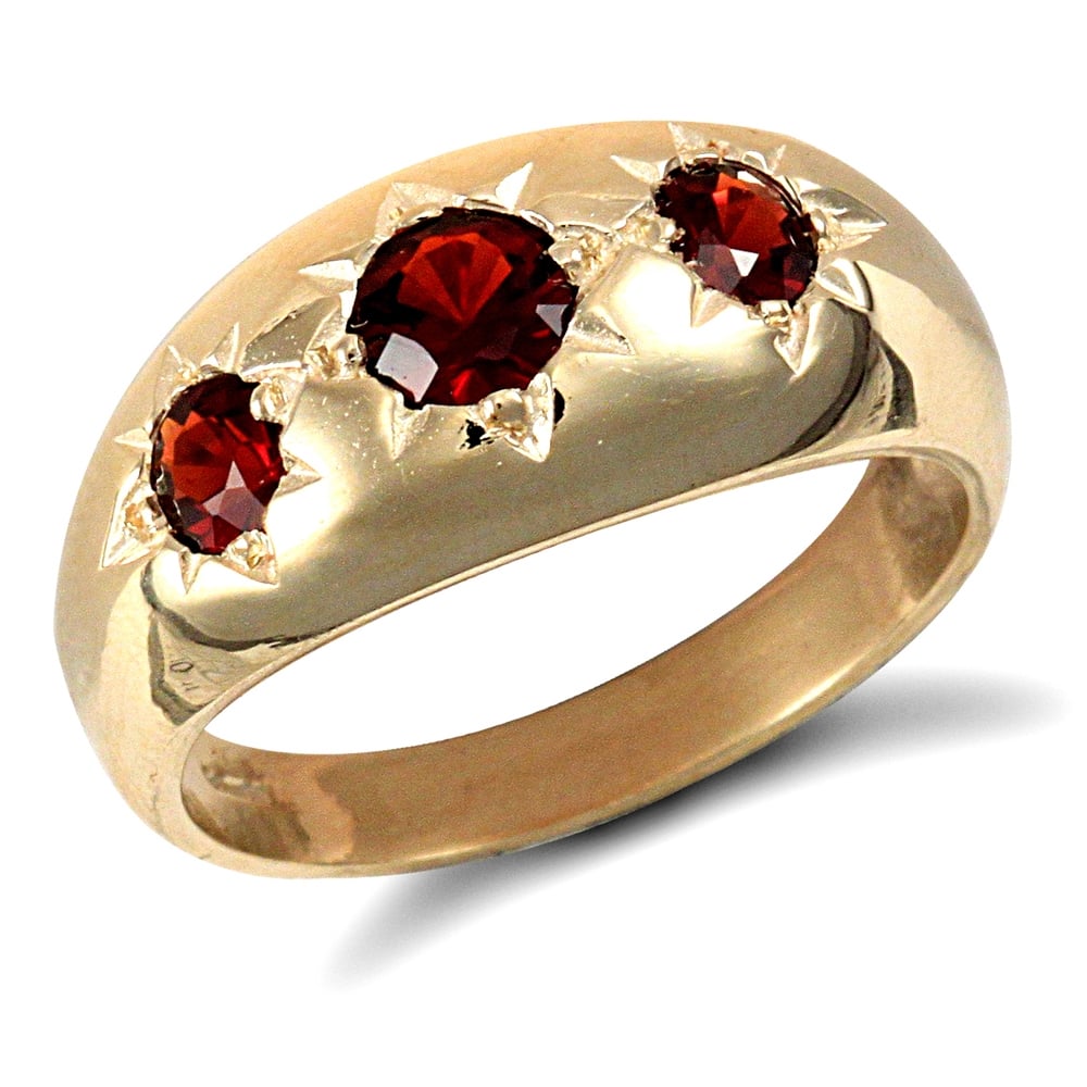 Men's Solid 9ct Yellow Gold Round Brilliant Garnet Star Set 3 Stone Trilogy Gypsy Ring