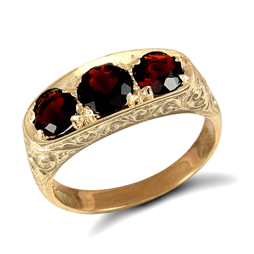 Men's Solid 9ct Yellow Gold Round Brilliant Garnet 3 Stone Trilogy Carved Gypsy Ring