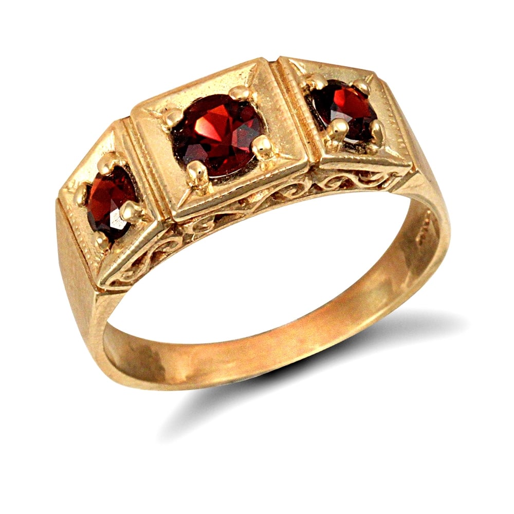 Men's Solid 9ct Yellow Gold Round Brilliant Garnet 3 Stone Trilogy Carved Gypsy Ring