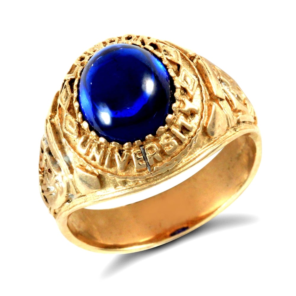 Men's Solid 9ct Yellow Gold Blue Oval Cubic Zirconia Cabochon Solitaire Oval University College Ring