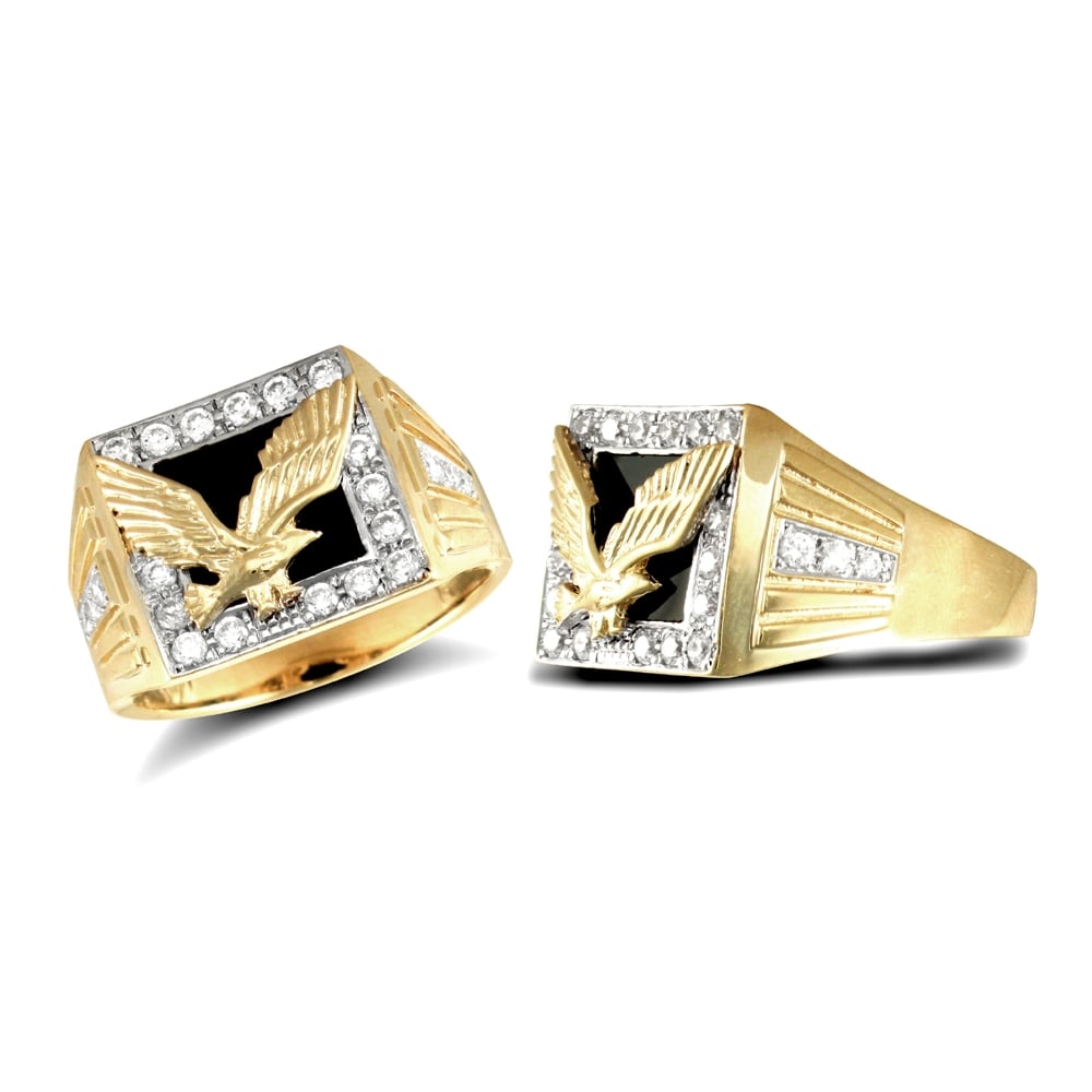 Men's Solid 9ct Yellow and White Gold Black and White Round Brilliant Onyx and Cubic Zirconia Pave Eagle Signet Ring