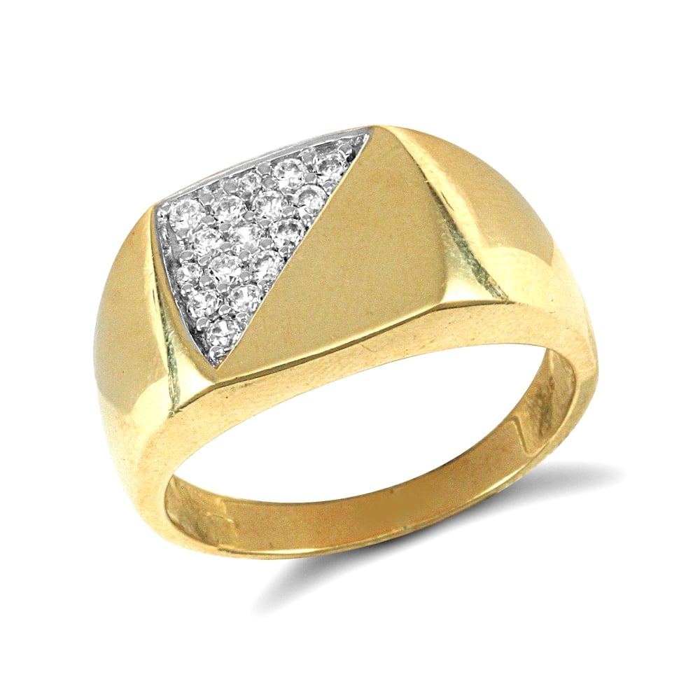 Men's Solid 9ct Yellow Gold White Round Brilliant Cubic Zirconia Pave Square Cushion Signet Ring