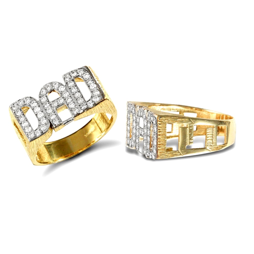Men's Solid 9ct Yellow Gold White Round Brilliant Cubic Zirconia Curb Link Sides DAD Ring