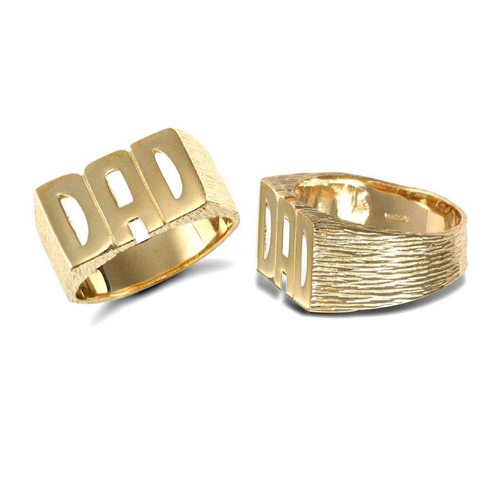 Men's Solid 9ct Yellow Gold Barked Sides DAD Ring