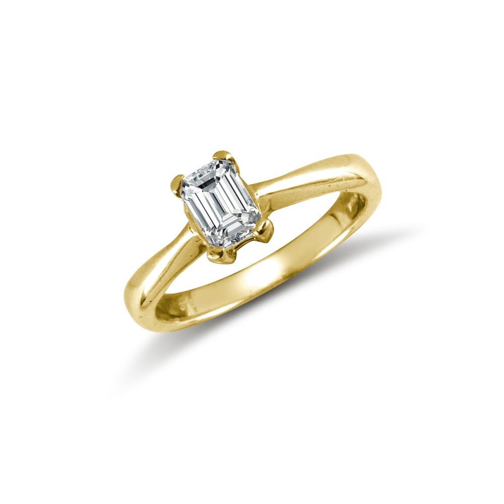 Ladies Solid 9ct Yellow Gold White Emerald Cut Cubic Zirconia Solitaire Ring