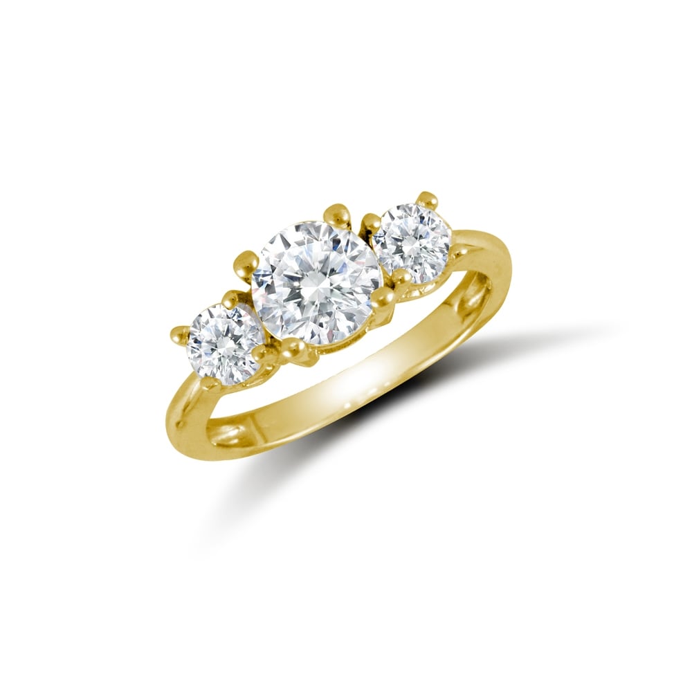 Ladies Solid 9ct Yellow Gold White Round Brilliant Cubic Zirconia 3 Stone Trilogy Ring