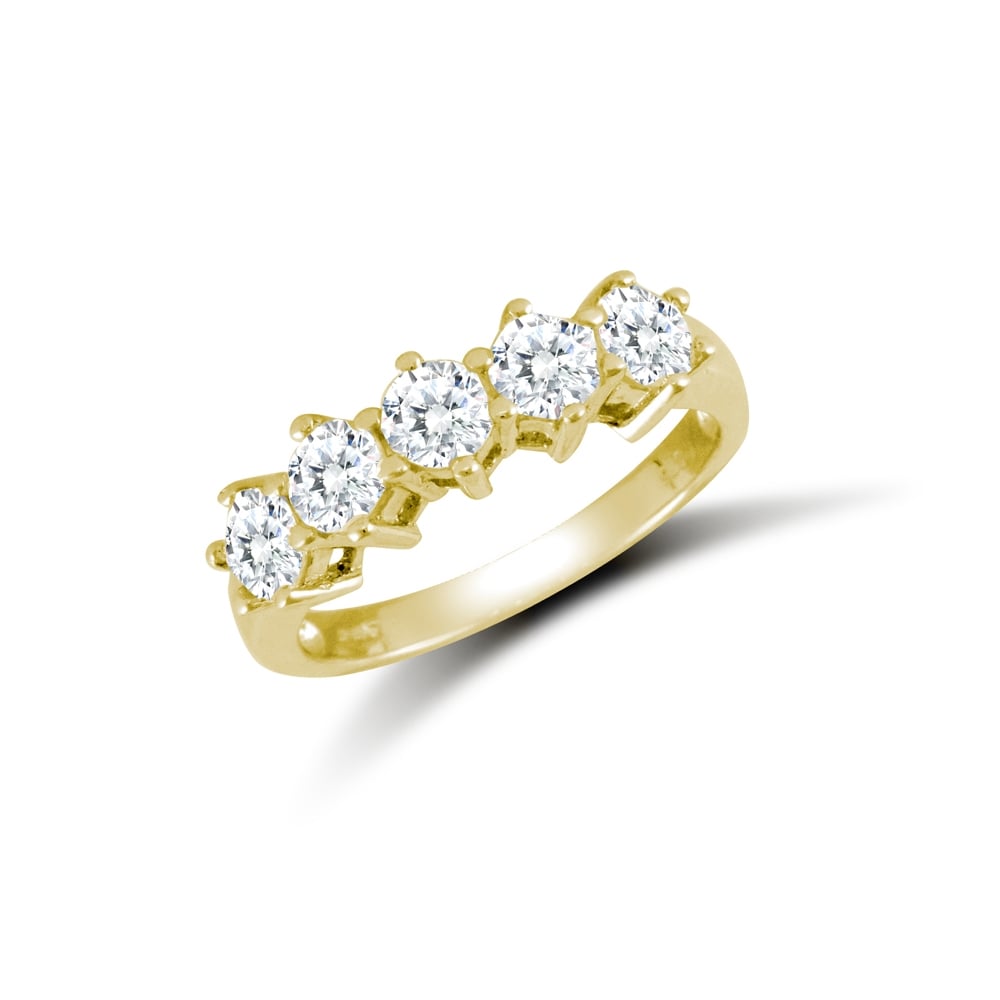 Ladies Solid 9ct Yellow Gold White Round Brilliant Cubic Zirconia 5 Stone Ring