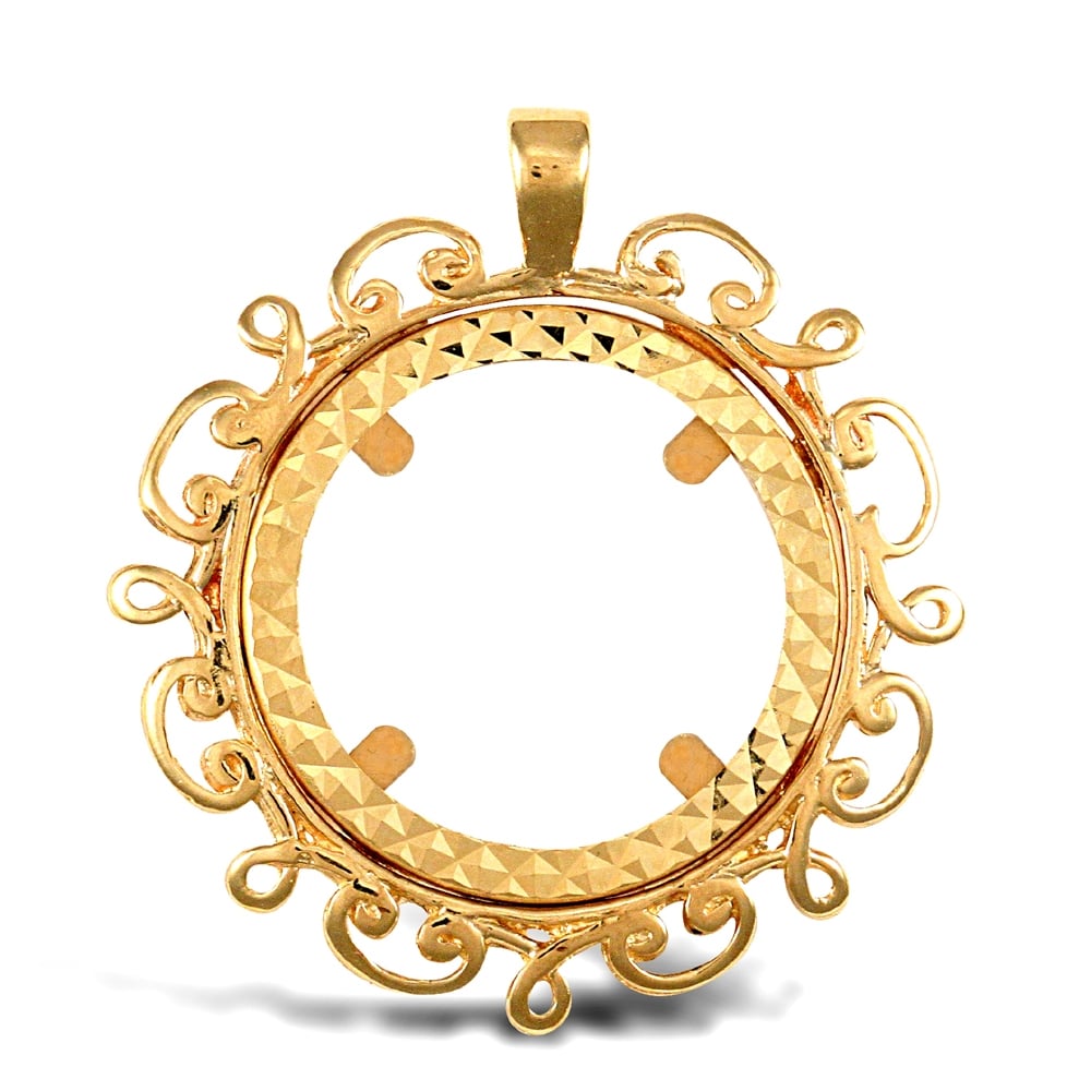Solid 9ct Yellow Gold Scroll Frame Full Sovereign Coin Mount Pendant