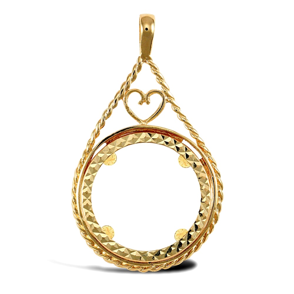 Solid 9ct Yellow Gold Love Heart Teardrop Rope Full Sovereign Coin Mount Pendant