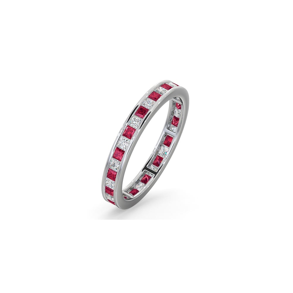 Platinum Channel Set Princess Cut Full Eternity Ring Diamond 0.50ct Ruby 0.60ct H Si