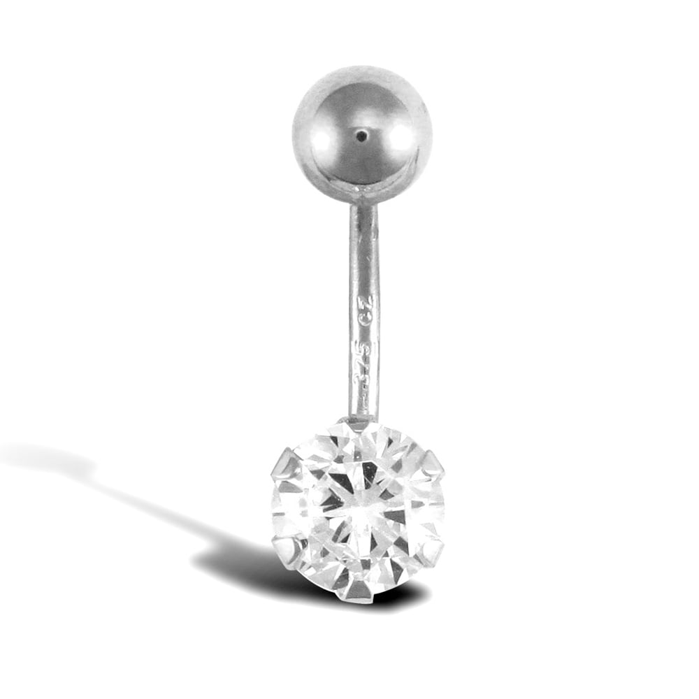 Ladies 9ct White Gold White Round Brilliant Cubic Zirconia Solitaire Claw Set Banana Belly Bar, 10mm