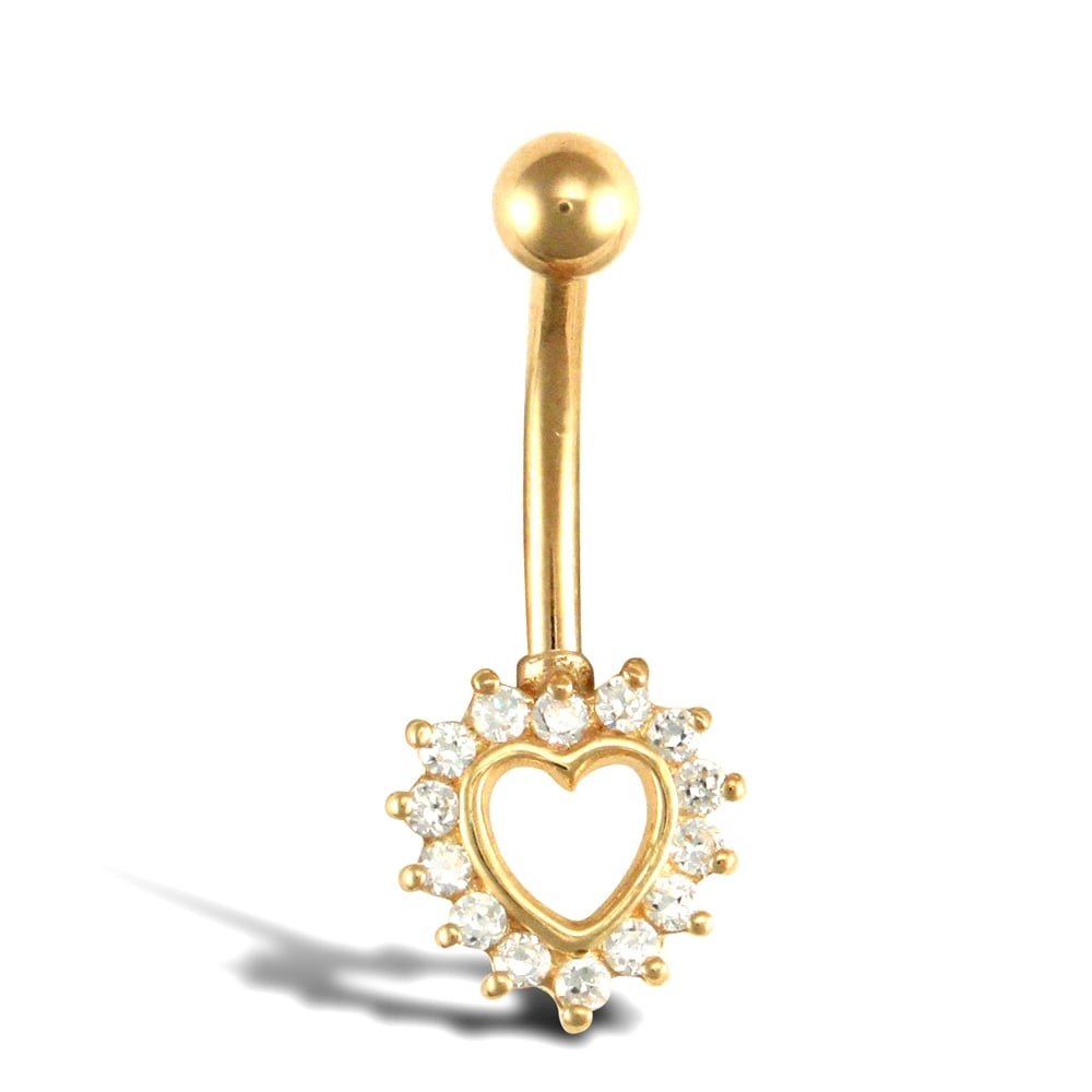 Ladies 9ct Yellow Gold White Round Brilliant Cubic Zirconia Love Heart Banana Belly Bar, 10mm