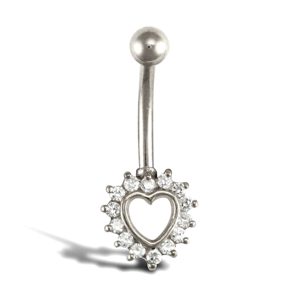 Ladies 9ct White Gold White Round Brilliant Cubic Zirconia Love Heart Banana Belly Bar, 10mm