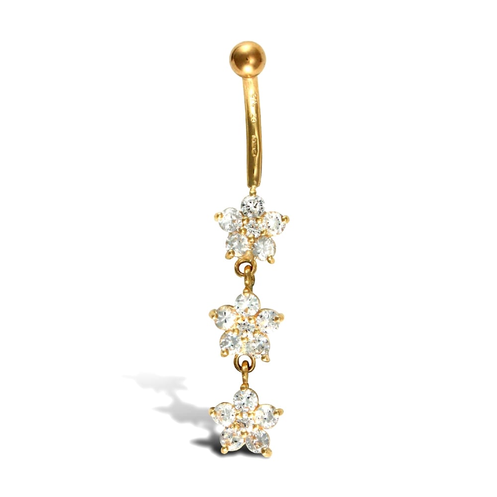 Ladies 9ct Yellow Gold White Round Brilliant Cubic Zirconia Flower Trilogy Dropper Banana Belly Bar, 10mm
