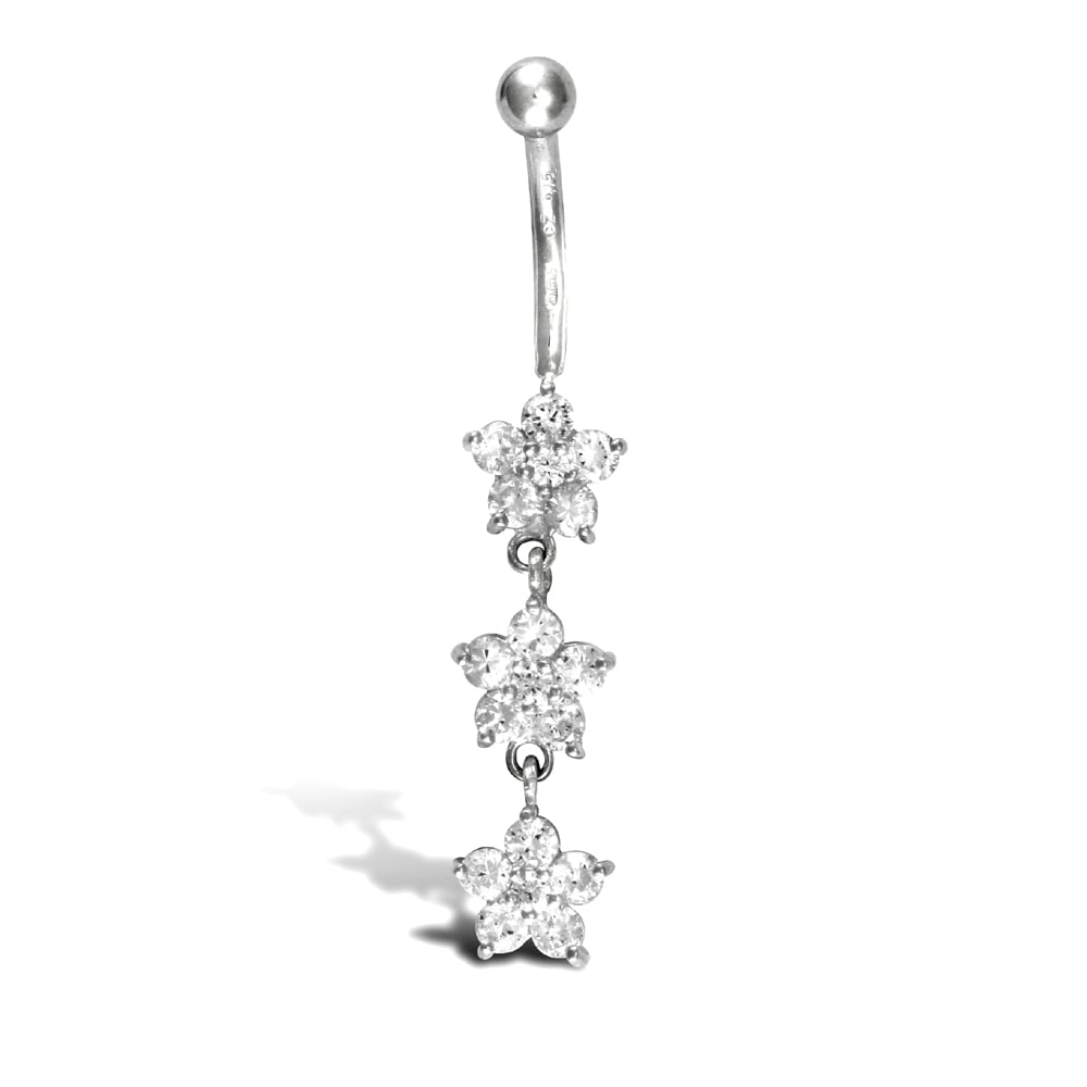 Ladies 9ct White Gold White Round Brilliant Cubic Zirconia Flower Trilogy Dropper Banana Belly Bar, 10mm