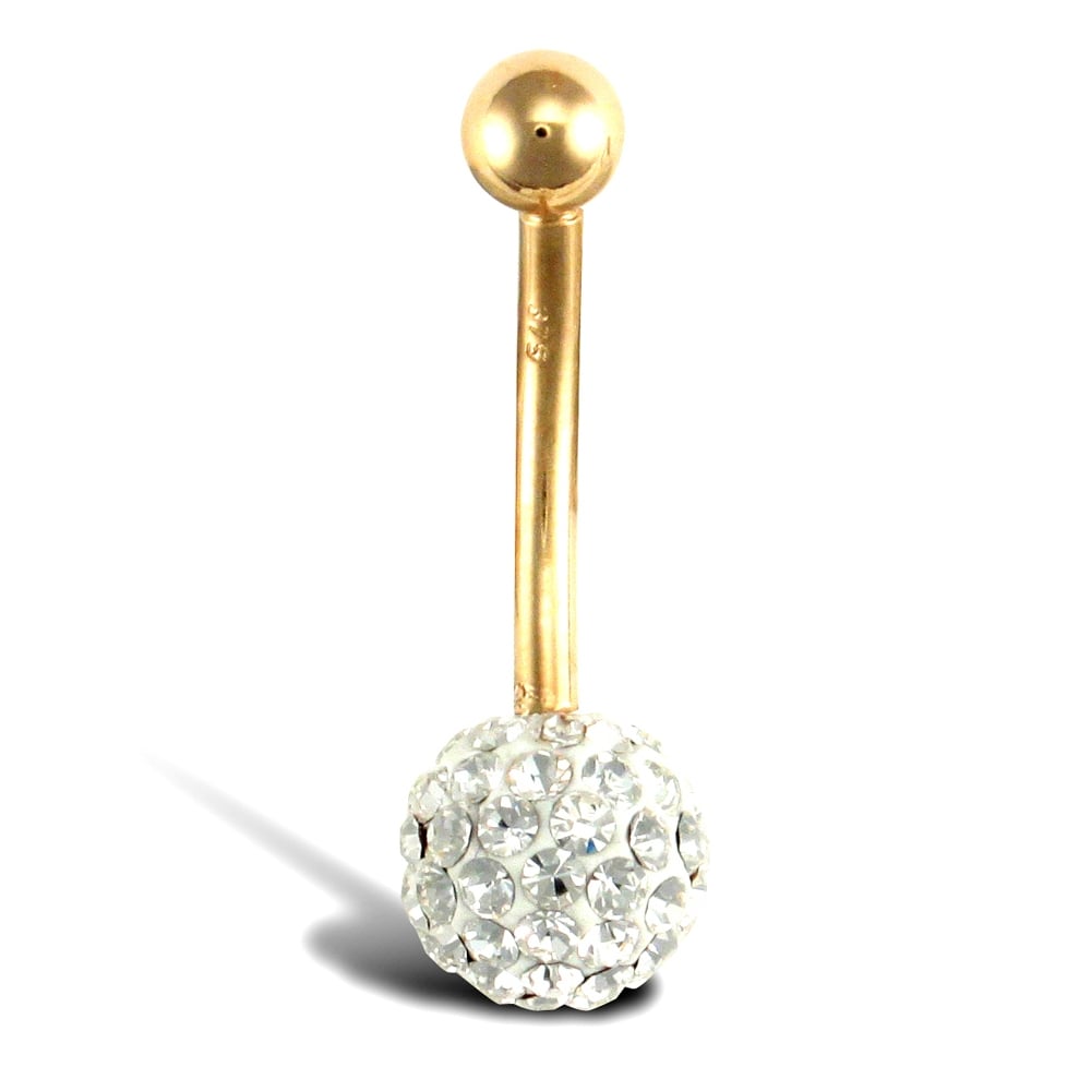 Ladies 9ct Yellow Gold White Round Crystal 8mm Disco Ball Banana Belly Bar, 12mm