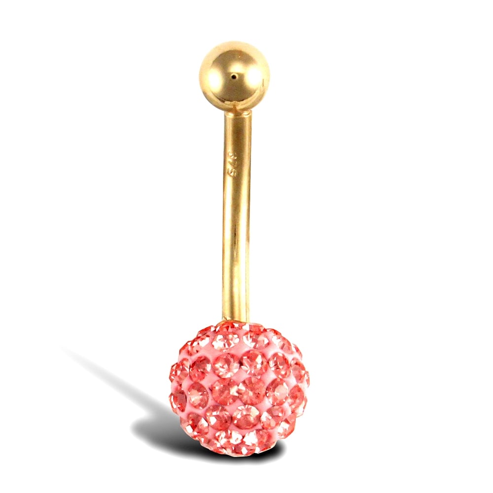 Ladies 9ct Yellow Gold Pink Round Crystal 8mm Disco Ball Banana Belly Bar, 12mm