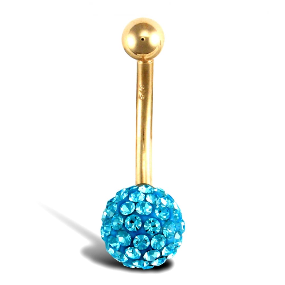 Ladies 9ct Yellow Gold Aqua Blue Round Crystal 8mm Disco Ball Banana Belly Bar, 12mm