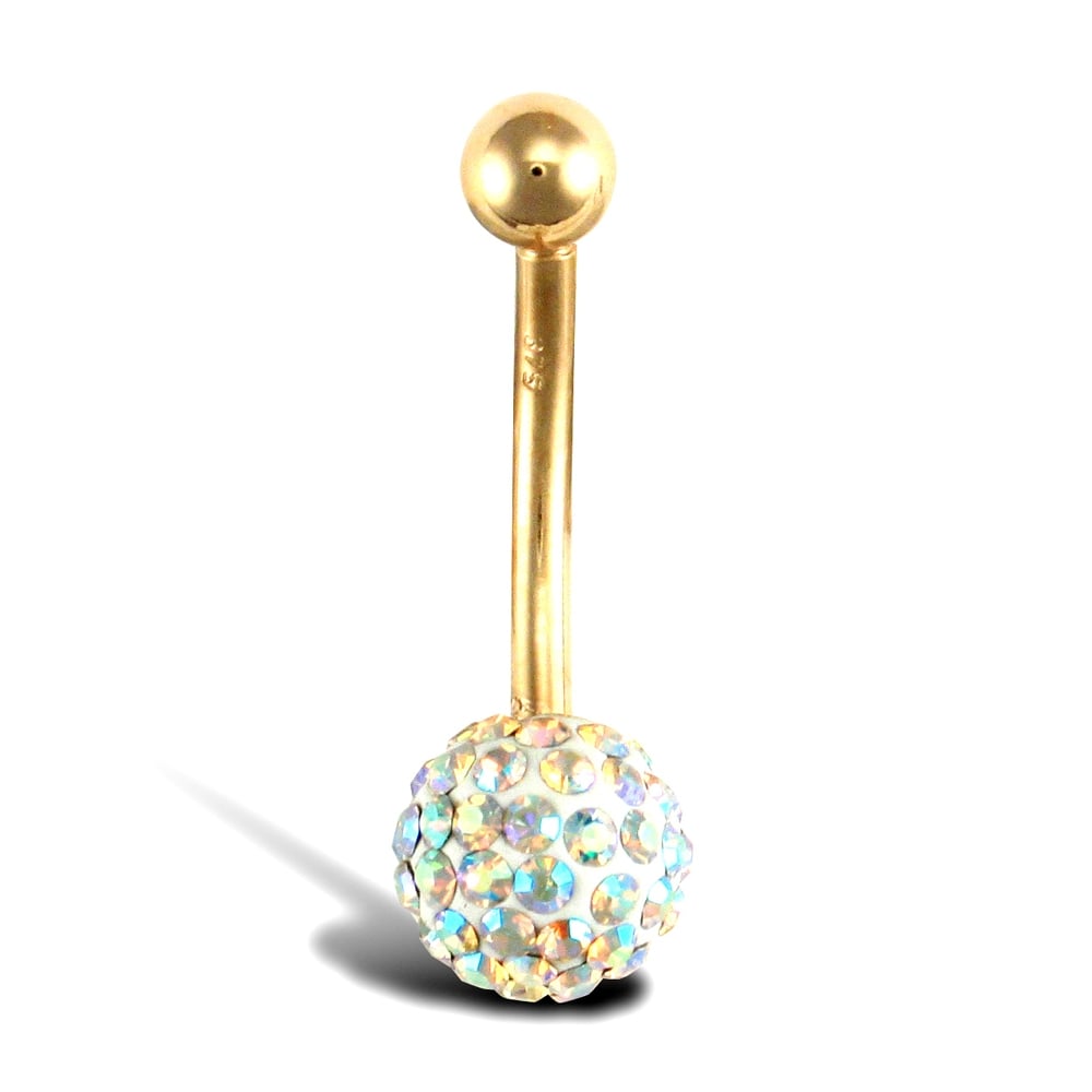 Ladies 9ct Yellow Gold Rainbow Round Crystal 8mm Disco Ball Banana Belly Bar, 12mm