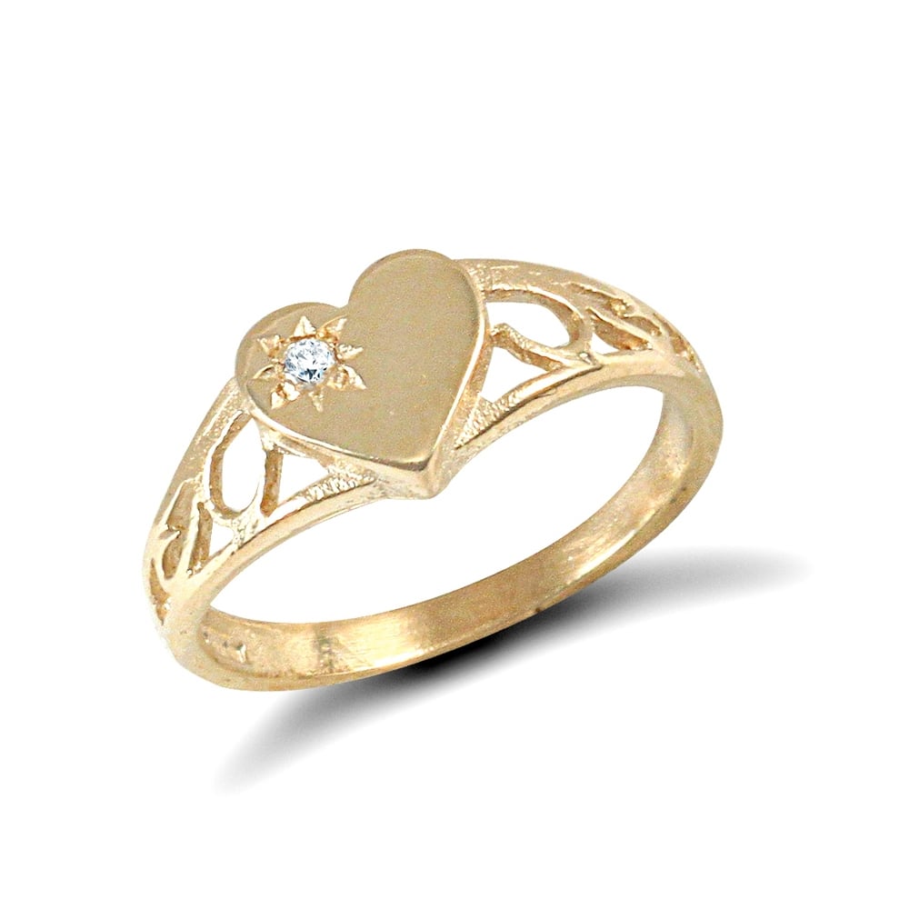 Girls Solid 9ct Yellow Gold Solitaire Love Heart Signet Baby Ring
