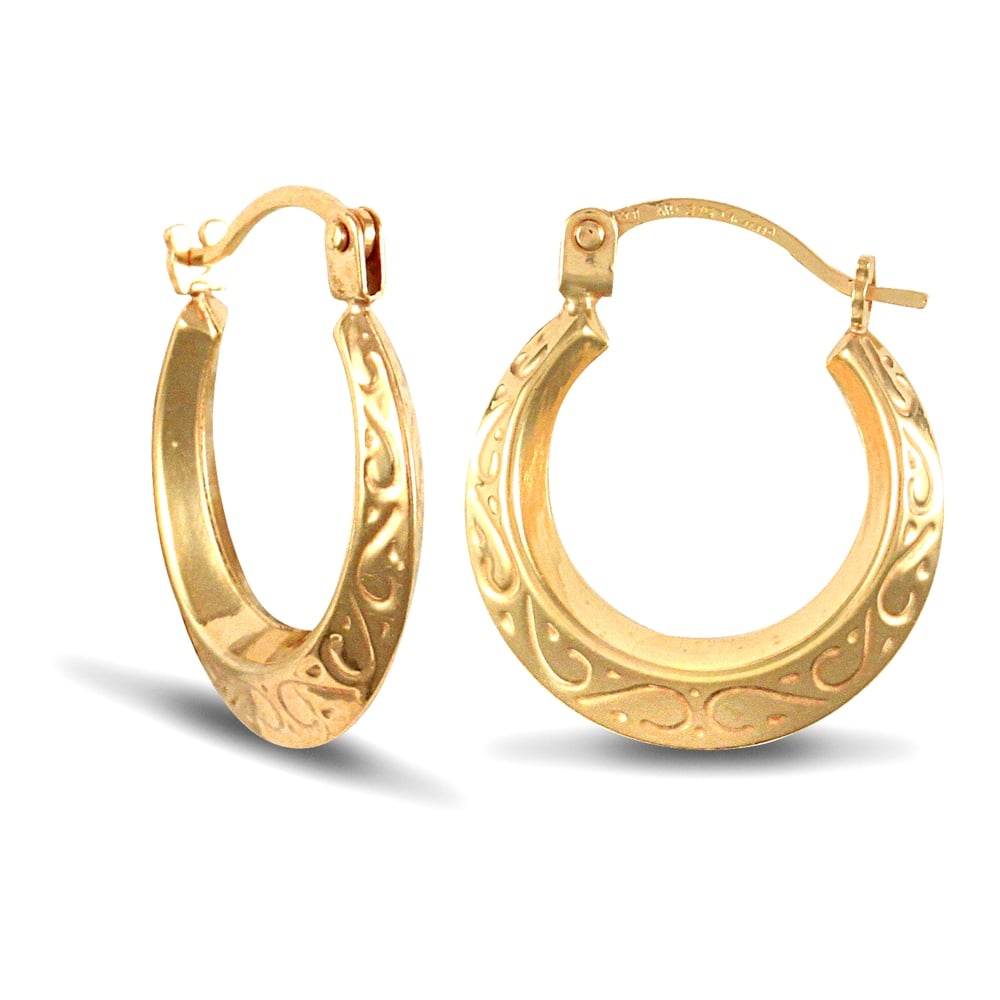 Ladies 9ct Yellow Gold Floral Engraved Creole Earrings 15mm