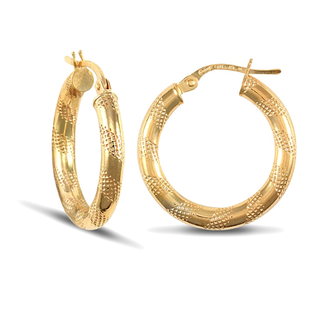 Ladies 9ct Yellow Gold Textured Striped 3mm Hoop Earrings 20mm