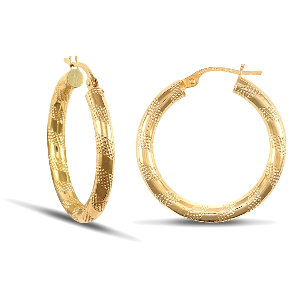 Ladies 9ct Yellow Gold Textured Striped 3mm Hoop Earrings 25mm