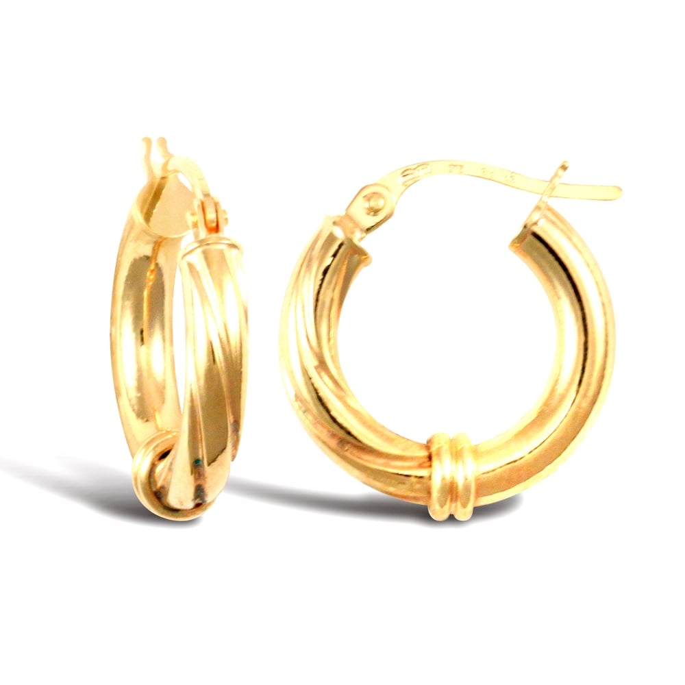 Ladies 9ct Yellow Gold Half and Half Twisted Collar 3mm Hoop Earrings 16mm