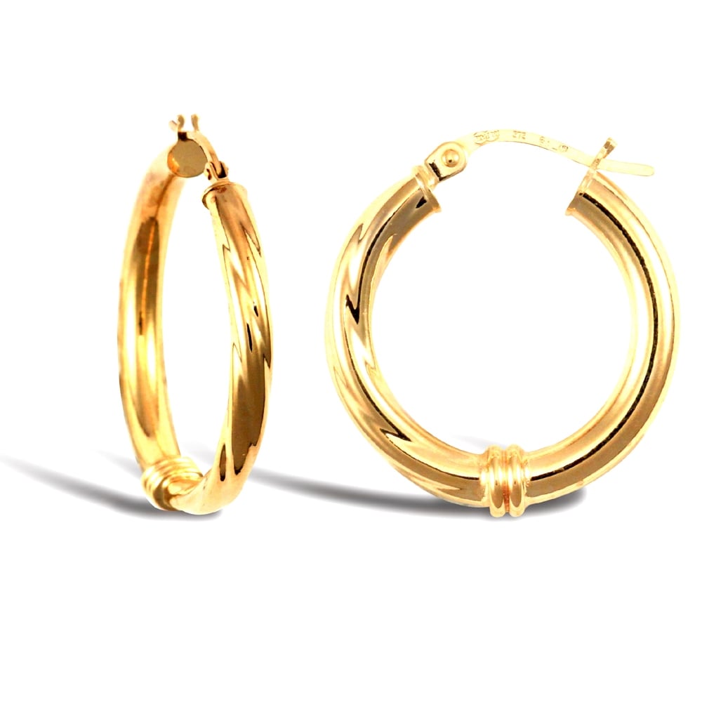 Ladies 9ct Yellow Gold Half and Half Twisted Collar 3mm Hoop Earrings 21mm