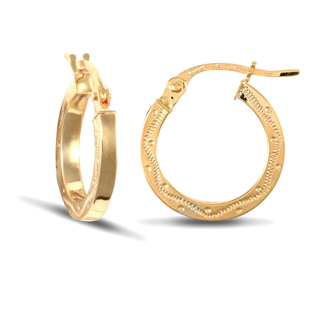 Ladies 9ct Yellow Gold Floral Engraved 2mm Hoop Earrings 13mm