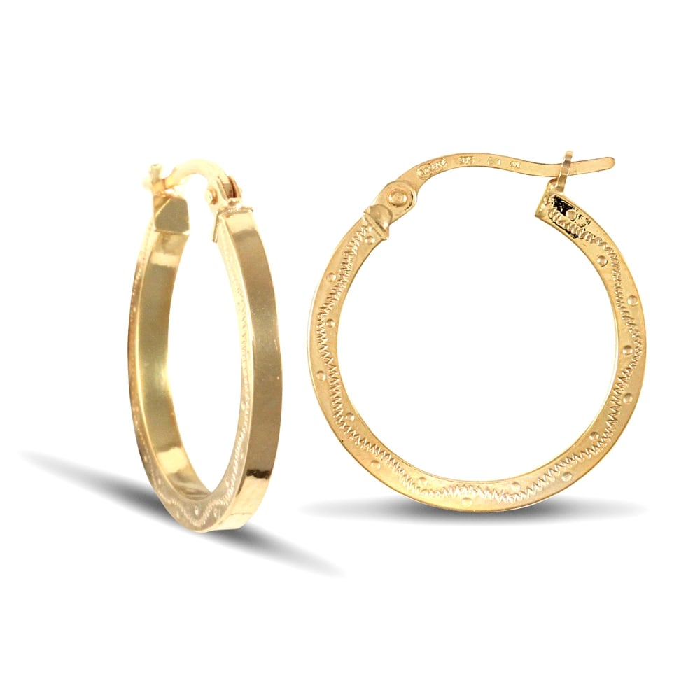 Ladies 9ct Yellow Gold Floral Engraved 2mm Hoop Earrings 18mm