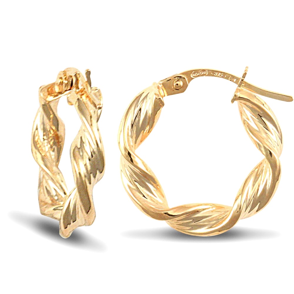 Ladies 9ct Yellow Gold Barked Platted Candy Twist 3.5mm Hoop Earrings 17mm