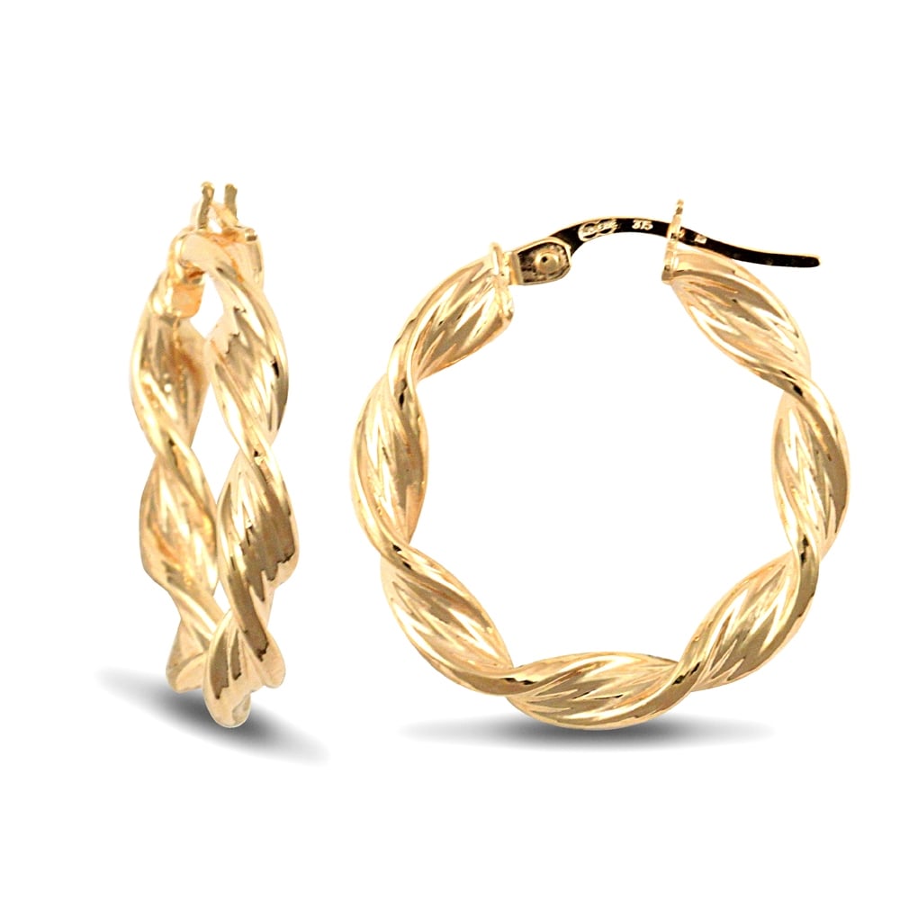 Ladies 9ct Yellow Gold Barked Platted Candy Twist 3.5mm Hoop Earrings 22mm