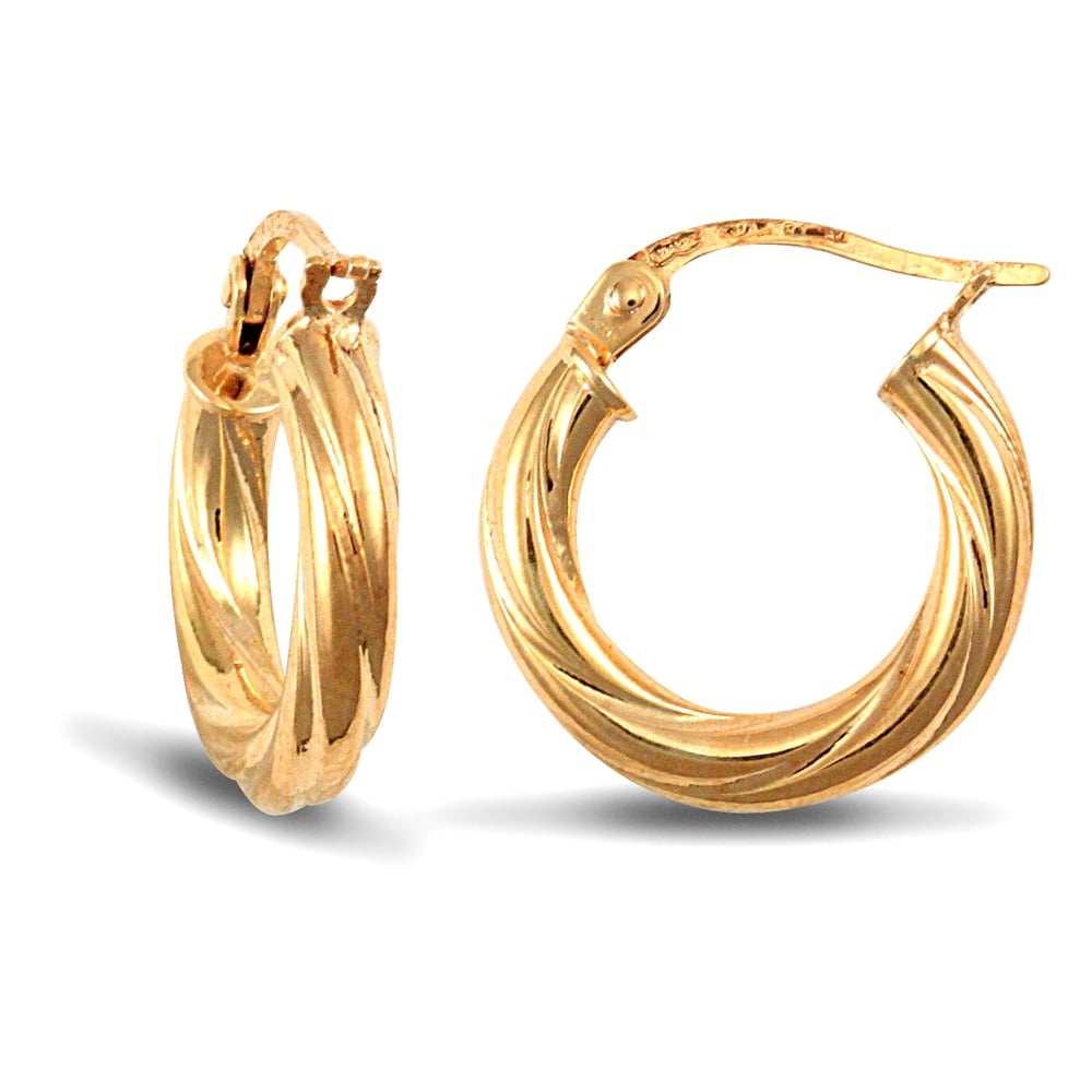 Ladies 9ct Yellow Gold Twisted 3mm Hoop Earrings 16mm