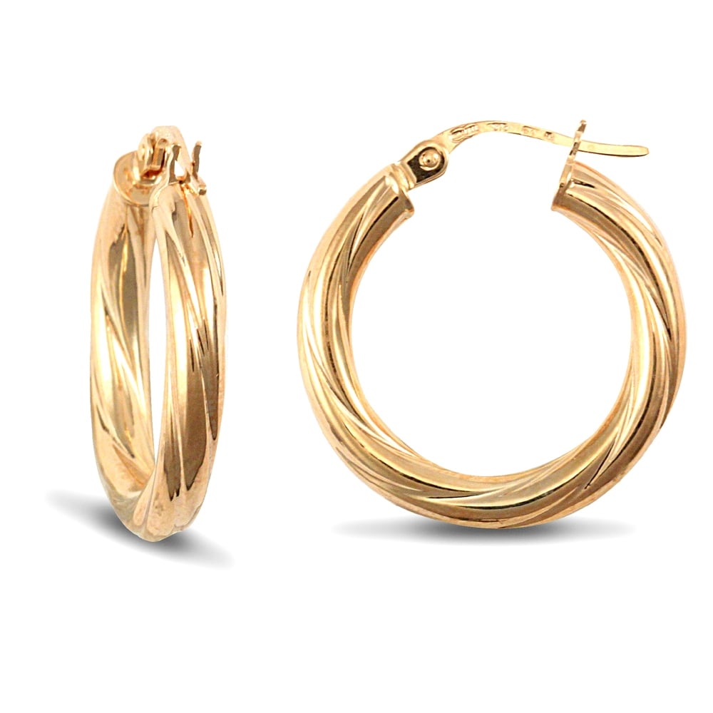 Ladies 9ct Yellow Gold Twisted 3mm Hoop Earrings 21mm