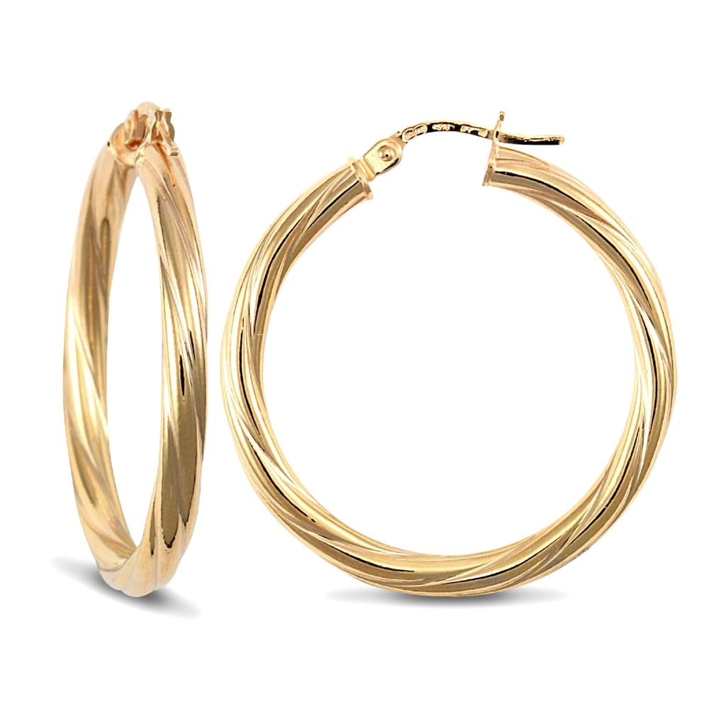 Ladies 9ct Yellow Gold Twisted 3mm Hoop Earrings 30mm