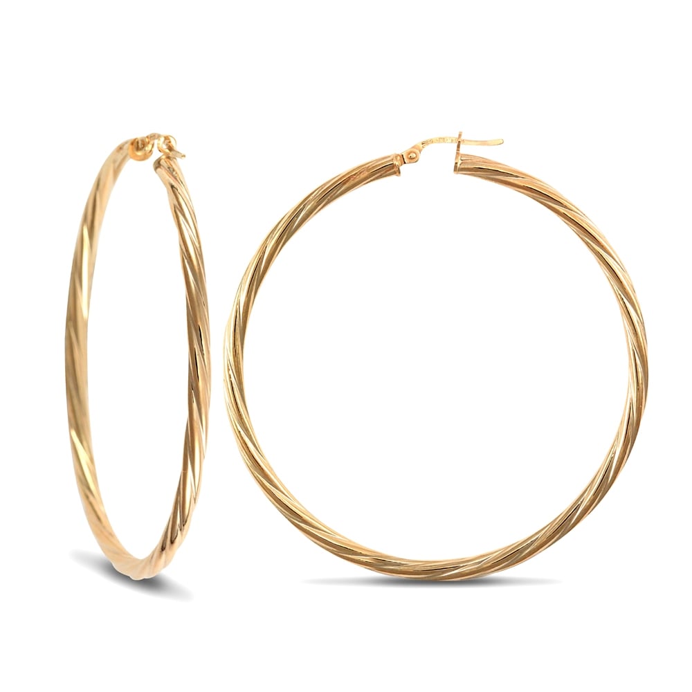 Ladies 9ct Yellow Gold Twisted 3mm Hoop Earrings 55mm