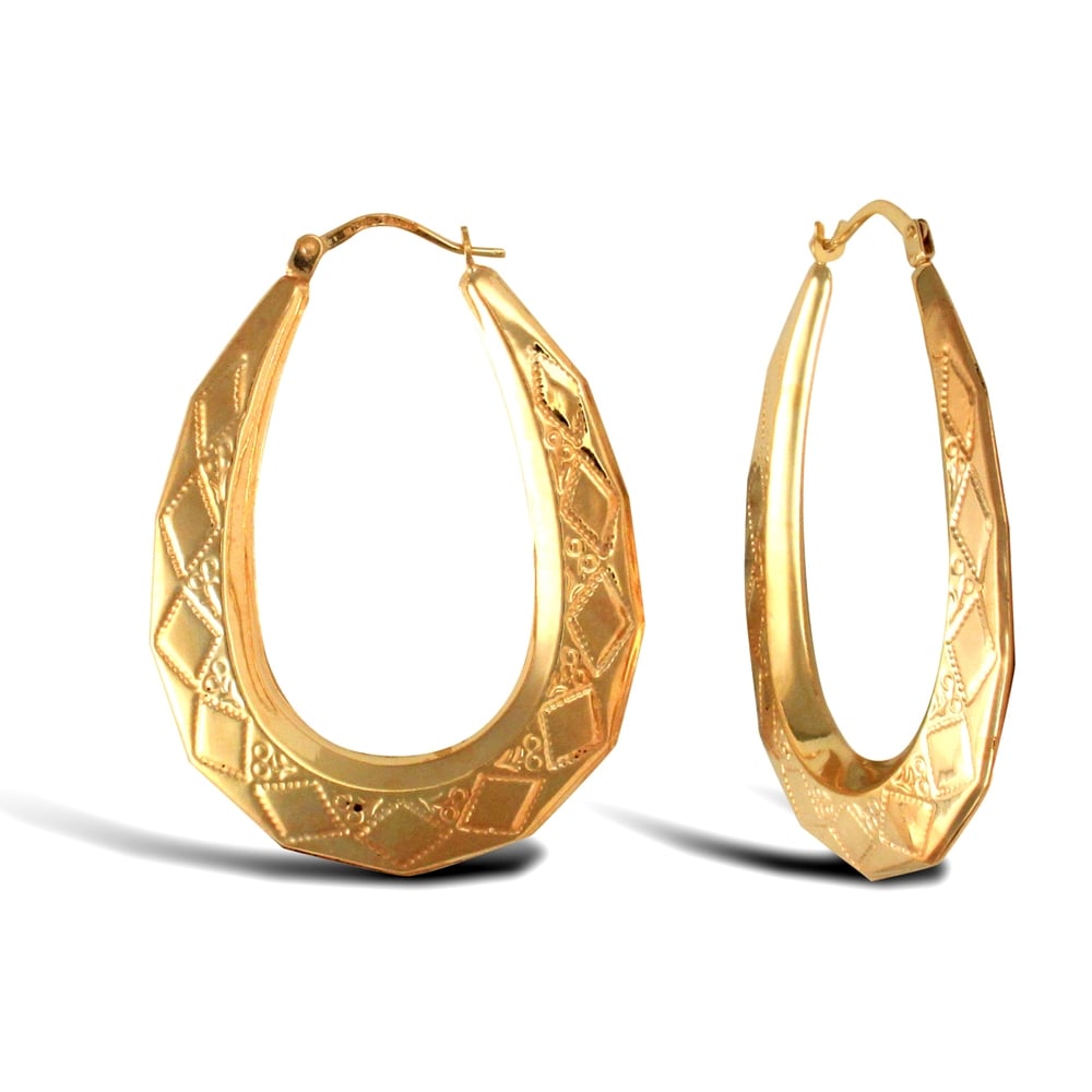 Ladies 9ct Yellow Gold Pear Shape Diamond Pattern Creole Earrings
