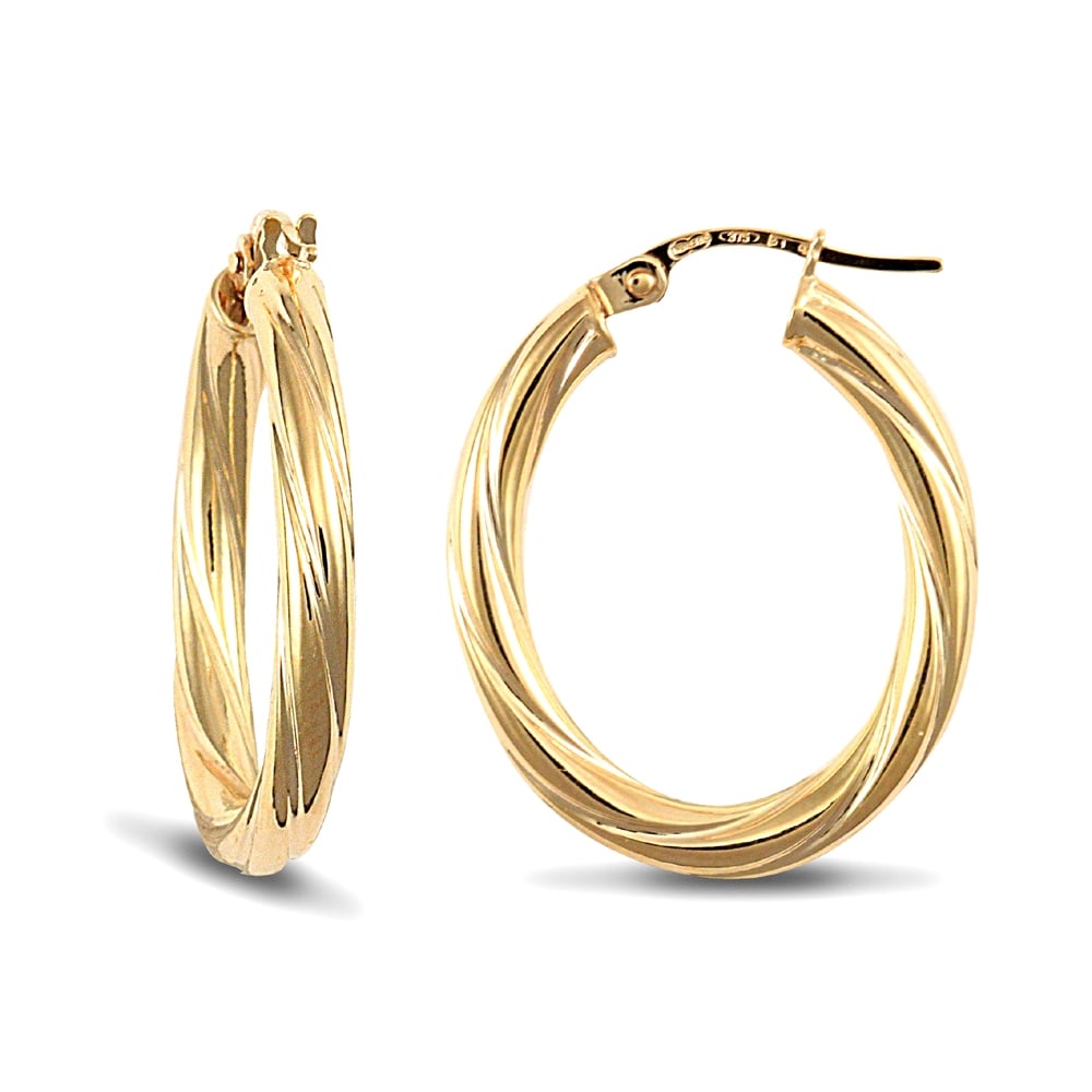 Ladies 9ct Yellow Gold Twisted Oval 3mm Hoop Earrings