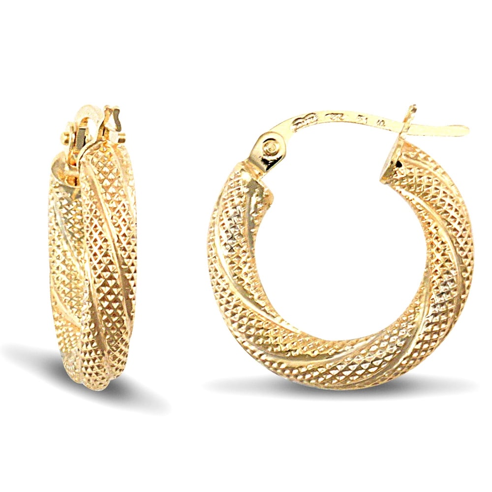 Ladies 9ct Yellow Gold Snake Skin Twisted 3mm Hoop Earrings 16mm