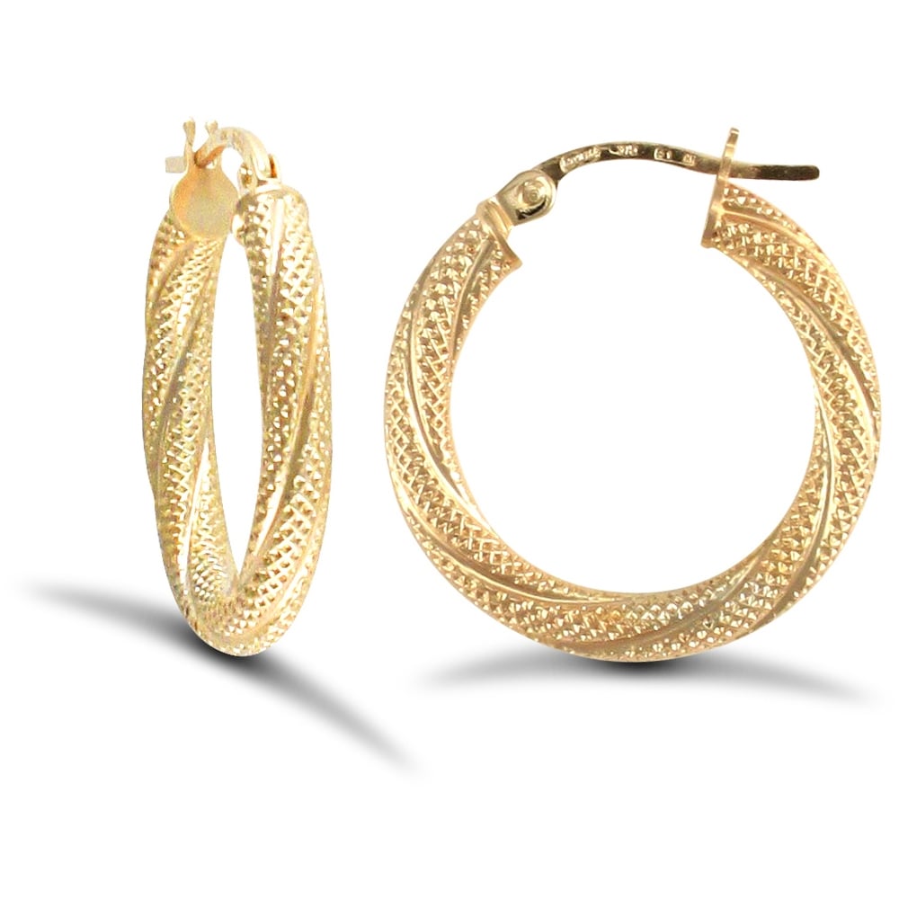 Ladies 9ct Yellow Gold Snake Skin Twisted 3mm Hoop Earrings 20mm