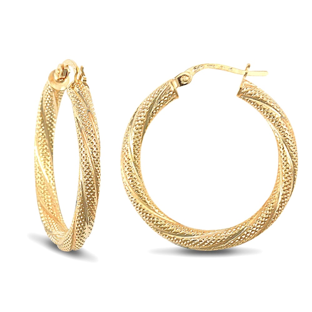 Ladies 9ct Yellow Gold Snake Skin Twisted 3mm Hoop Earrings 25mm