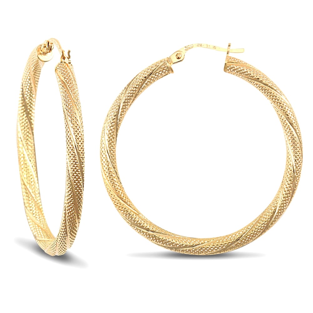 Ladies 9ct Yellow Gold Snake Skin Twisted 3mm Hoop Earrings 35mm