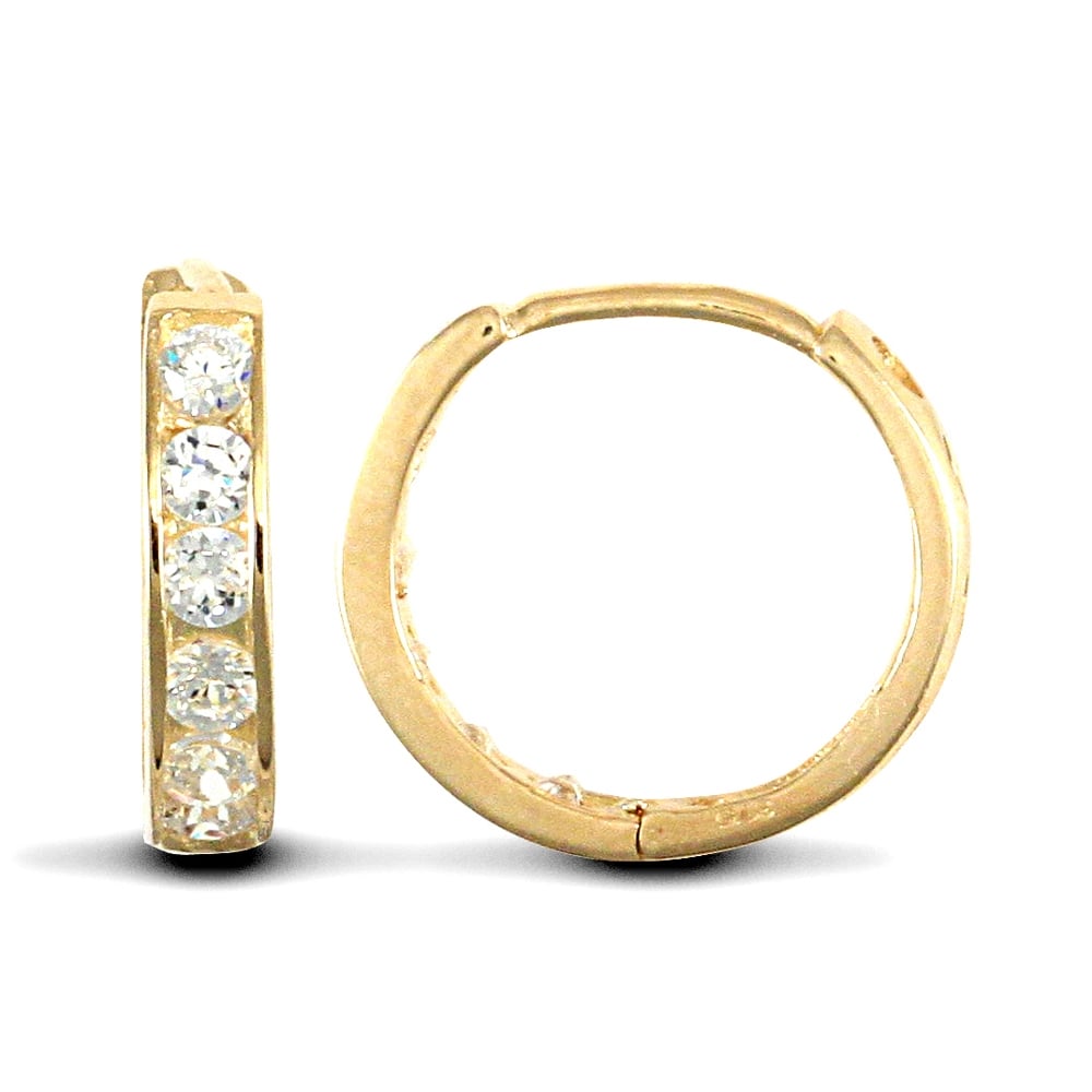 Ladies Solid 9ct Yellow Gold White Round Brilliant Cubic Zirconia Eternity 2mm Huggie Hoop Earrings 11mm